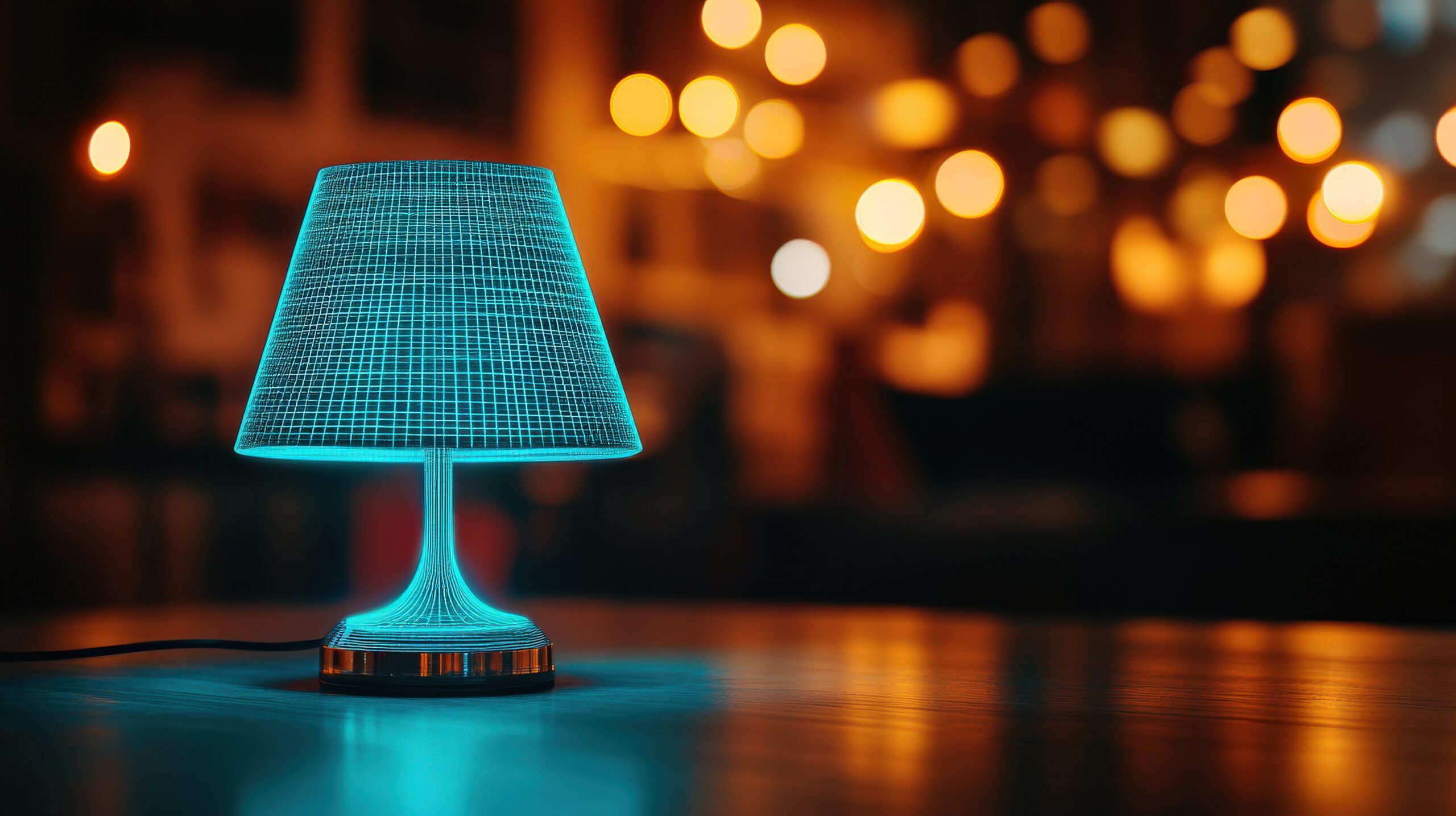Stylish blue lamp glowing against a blurred warm background.